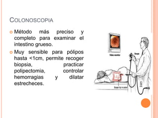 COLONOSCOPIA
 Método más preciso y
  completo para examinar el
  intestino grueso.
 Muy sensible para pólipos
  hasta <1cm, permite recoger
  biopsia,            practicar
  polipectomia,       controlar
  hemorragias       y   dilatar
  estrecheces.
 