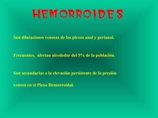 Son dilataciones venosas de los plexos anal y perianal.
Frecuentes, afectan alrededor del 5% de la población.
Son secundarias a la elevación persistente de la presión
venosa en el Plexo Hemorroidal.
 
