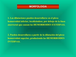 1. Las dilataciones pueden desarrollarse en el plexo
hemorroidal inferior, localizándose, por debajo de la línea
anorrectal que causan las HEMORROIDES EXTERNAS.
2. Pueden desarrollarse a partir de la dilatación del plexo
hemorroidal superior, produciendo las HEMORROIDES
INTERNAS.
MORFOLOGIA
 