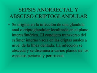 SEPSIS ANORRECTAL Y
ABSCESO CRIPTOGLANDULAR
• Se origina en la infección de una glándula
anal o criptoglandular localizada en el plano
interesfintérico. El conducto transverso del
esfínter interno vacía en las criptas anales a
nivel de la línea dentada. La infección se
absceda y se disemina a varios planos de los
espacios perianal y perirrectal.
 