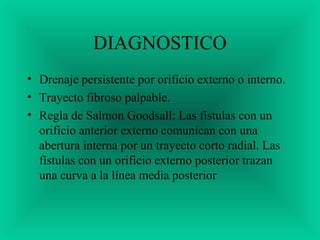 DIAGNOSTICO
• Drenaje persistente por orificio externo o interno.
• Trayecto fibroso palpable.
• Regla de Salmon Goodsall: Las fístulas con un
orificio anterior externo comunican con una
abertura interna por un trayecto corto radial. Las
fístulas con un orificio externo posterior trazan
una curva a la línea media posterior
 