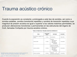 Trauma acústico crónico
Cuando la exposición es constante y prolongada a este tipo de sonidos, así como a
sonidos estables, sonidos transitorios repetidos y sonidos de transición repetidos cuya
magnitud de presión acústica es igual o superior a los valores máximos permisibles, se
producen alteraciones transitorias o permanentes en las estructuras del órgano de
Corti, llamadas Cortipatía por trauma acústico crónico.
Secretaría de Salud. Subdirección de audiología, foniatría y patología del
lenguaje. “Guía clínica de hipoacusia inducida por ruido”. México.
Leñero JM, “Daños a la Salud causados por ruido”.
 