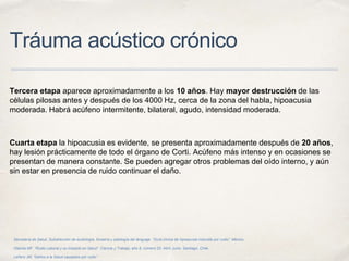 Tráuma acústico crónico
Tercera etapa aparece aproximadamente a los 10 años. Hay mayor destrucción de las
células pilosas antes y después de los 4000 Hz, cerca de la zona del habla, hipoacusia
moderada. Habrá acúfeno intermitente, bilateral, agudo, intensidad moderada.
Cuarta etapa la hipoacusia es evidente, se presenta aproximadamente después de 20 años,
hay lesión prácticamente de todo el órgano de Corti. Acúfeno más intenso y en ocasiones se
presentan de manera constante. Se pueden agregar otros problemas del oído interno, y aún
sin estar en presencia de ruido continuar el daño.
Secretaría de Salud. Subdirección de audiología, foniatría y patología del lenguaje. “Guía clínica de hipoacusia inducida por ruido”. México.
Otárola MF. “Ruido Laboral y su Impacto en Salud”. Ciencia y Trabajo, año 8, número 20, Abril- junio. Santiago, Chile.
Leñero JM, “Daños a la Salud causados por ruido”.
 