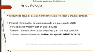 Fisiopatología
 Exhaustivos estudios para comprender esta enfermedad  mejores terapias.
 Principal contribución: descubrimiento de una proteína de 68kDa
• Por análisis de Western-blot en oídos bovinos
• También se encontró en cerdos de guinea y en humanos con EAOI
• En bovinos se encontró que se unía a la Heat-Shock protein (HSP-70 de 70kDa)
Enfermedad autoinmune del oído interno
Harris JP. Immunology of the inner ear: evidence of local antibody production. Ann Otol Rhino! Laryngol1984;93:157.
 
