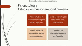 Fisiopatología
Estudios en hueso temporal humano
Pocos estudios de
pacientes con Wegener,
PAN, Cogan, LES
Cambios morfológicos
compatibles con 2
mecanismos
Etapas finales de
inflamación: fibrosis,
osteoneogenesis
Ausencia de
inflamación: Isquemia,
atrofia celular
Enfermedad autoinmune del oído interno
 