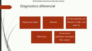 Diagnostico diferencial
Hipoacusia súbita Méniére
1/3 de pacientes con
Méniére  WB+ anti
HSP-70
Sífilis ótica
Scwannoma
vestibular, meningitis,
EM, mets(1)
Enfermedad autoinmune del oído interno
 