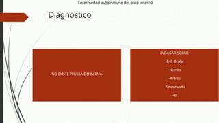 Diagnostico
NO EXISTE PRUEBA DEFINITIVA
INDAGAR SOBRE:
-Enf. Ocular
-Nefritis
-Artritis
-Rinosinusitis
-EII
Enfermedad autoinmune del oído interno
 