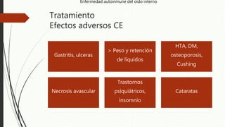 Tratamiento
Efectos adversos CE
Gastritis, ulceras
> Peso y retención
de líquidos
HTA, DM,
osteoporosis,
Cushing
Necrosis avascular
Trastornos
psiquiátricos,
insomnio
Cataratas
Enfermedad autoinmune del oído interno
 