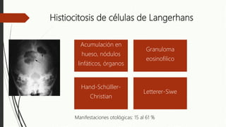 Histiocitosis de células de Langerhans
Acumulación en
hueso, nódulos
linfáticos, órganos
Granuloma
eosinofilico
Hand-Schülller-
Christian
Letterer-Siwe
Manifestaciones otológicas: 15 al 61 %
 