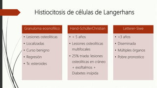 Histiocitosis de células de Langerhans
Granuloma eosinofilico
• Lesiones osteoliticas
• Localizadas
• Curso benigno
• Regresión
• Tx: esteroides
Hand-SchüllerChristian
• < 5 años
• Lesiones osteoliticas
multifocales
• 25% triada: lesiones
osteoliticas en cráneo
+ exoftalmos +
Diabetes insípida
Letterer-Siwe
• <3 años
• Diseminada
• Múltiples órganos
• Pobre pronostico
 