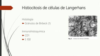 Histiocitosis de células de Langerhans
Histología
 Gránulos de Birbeck (1)
Inmunohistoquimica
 CD1
 S 100
 