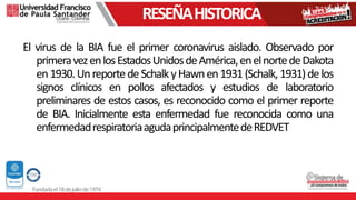 RESEÑAHISTORICA
El virus de la BIA fue el primer coronavirus aislado. Observado por
primeravezenlosEstadosUnidosdeAmérica,enelnortedeDakota
en1930.UnreportedeSchalkyHawnen1931(Schalk,1931)delos
signos clínicos en pollos afectados y estudios de laboratorio
preliminares de estos casos, es reconocido como el primer reporte
de BIA. Inicialmente esta enfermedad fue reconocida como una
enfermedadrespiratoriaagudaprincipalmentedeREDVET
 