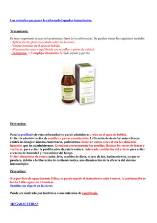 Los animales que pasan la enfermedad quedan inmunizados.


Tratamiento:

Es muy importante actuar en las primeras fases de la enfermedad. Se pueden tomar las siguientes medidas:
- Aplicación de glicerina yodada sobre las lesiones.
- Yoduro potásico en el agua de bebida.
- Alimentación sana y equilibrada con semillas y pastas de calidad.
- Tediprima. + Complejo vitamínico A. Solo alpiste y perilla.




Prevención:


Para la profilaxis de esta enfermedad se puede administrar, yodo en el agua de bebida.
Evitar la administración de semillas y pastas enmohecidas. Utilización de desinfectantes eficaces
contra los hongos: amonio cuaternario, yodoformos. Renovar varias veces al día los alimentos
húmedos que les administremos. Germinar correctamente las semillas. Retirar los restos de frutas y
verduras, para evitar la proliferación de esta levadura. Adecuada ventilación del aviario para evitar
el exceso de humedad y transmisión del hongo.
Evitar situaciones de estrés (calor, frío, cambios de dieta, exceso de luz, hacinamiento), ya que se
produce, debido a la liberación de corticosteroides, una disminución de la eficacia del sistema
inmunológico

Preventivo:

5 cc por litro de agua durante 5 días, se puede repetir el tratamiento cada 6 meses. A continuación se
les da 3 días agua con vitaminas.
Semillas sin digerir en las heces

Puede ser motivado por lombrices o una infección de candidiasis.


MEGABACTERIAS
 