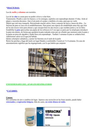 *FRACTURAS:

Las de cuello y columna son mortales.

Las de las alas se curan pero no podrá volver a volar bien.
Tratamiento: Pruebe a unir los huesos y si lo consigue, sujételos con esparadrapo durante 15 días. Aísle al
pájaro y necesita descanso. Atar el ala junto al cuerpo y también a la sana, para que no vuele.
Déjelo que esté muy tranquilo. Recomiendo mucho calcio, fruta y amasijo de huevo, hueso de jibia... La
fractura de pata se cura con el entablillamiento. Para poner una especie de entablillado antes hay que tirar
de los dos trozos rotos para alinear y que encajen bien los dos trozos y que suelden juntos y no en falso.
Entablillar la pata aprovechar una pajita de los refrescos (2,5 cm.)que se parte por la mitad para introducir
la pata rota dentro, de forma que quedaría la pata rodeada como por un cilindro que metemos entre la pata y
la pajita un poco de algodón y fijado bien con esparadrapo . Tardará 3 semanas la pata se soldaría bien.
Administrar calcio en el agua de bebida.
Quitar columpios saltadores, y poner los barrotes en el suelo de la jaula
Retire las perchas y haga del suelo un lugar blando y confortable. Curará en 3 ó 4 semanas. En caso de
amoratamiento significa que ha engangrenado, con lo que habría que amputar




ENFERMEDADES DEL APARATO RESPIRATORIO


*CATARRO:


Causas:
Por corrientes de aire o cambios de lugar. Aparece una secreción en las fosas nasales, puede haber
estornudos y respiración fatigosa, falta de canto, no existe disnea ni ruido.
 