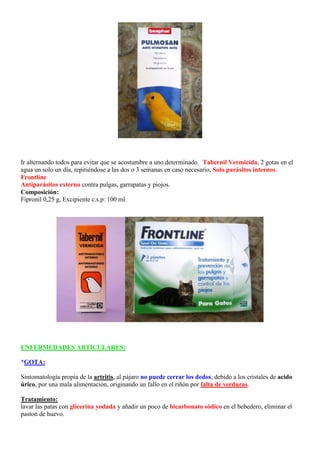 Ir alternando todos para evitar que se acostumbre a uno determinado. -Tabernil Vermicida, 2 gotas en el
agua un solo un día, repitiéndose a las dos o 3 semanas en caso necesario, Solo parásitos internos.
Frontline
Antiparásitos externo contra pulgas, garrapatas y piojos.
Composición:
Fipronil 0,25 g, Excipiente c.s.p: 100 ml.




ENFERMEDADES ARTICULARES:

*GOTA:

Sintomatología propia de la artritis, al pájaro no puede cerrar los dedos, debido a los cristales de acido
úrico, por una mala alimentación, originando un fallo en el riñón por falta de verduras.

Tratamiento:
lavar las patas con glicerina yodada y añadir un poco de bicarbonato sódico en el bebedero, eliminar el
paston de huevo.
 