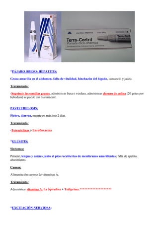 *PÁJARO OBESO- HEPATITIS:

Grasa amarilla en el abdomen, falta de vitalidad, hinchazón del hígado, cansancio y jadeo.

Tratamiento:

-Suprimir las semillas grasas, administrar fruta o verdura, administrar cloruro de colina (20 gotas por
bebedero) se puede dar diariamente.


PASTEURELOSIS:

Fiebre, diarrea, muerte en máximo 2 días.

Tratamiento:

-Tetraciclinas ó Enrofloxacina.


*GLUSITIS:

Síntomas:

Paladar, lengua y carnes junto al pico recubiertas de membranas amarillentas; falta de apetito,
abatimiento.

Causas:

Alimentación carente de vitaminas A.

Tratamiento:

Administrar vitamina A. La Spirulina + Tediprima.********************




*EXCITACIÓN NERVIOSA:
 
