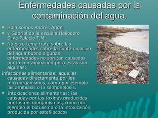  Hola somos Andrés ÁngelHola somos Andrés Ángel
 y Gabriel de la escuela Heliodoroy Gabriel de la escuela Heliodoro
Silva Palacio T.MSilva Palacio T.M
 Nuestro tema trata sobre lasNuestro tema trata sobre las
enfermedades sobre la contaminaciónenfermedades sobre la contaminación
del agua bueno algunasdel agua bueno algunas
enfermedades no son tan causadasenfermedades no son tan causadas
por la contaminación pero estas sonpor la contaminación pero estas son
algunas:algunas:
Infecciones alimentarias: aquellasInfecciones alimentarias: aquellas
causadas directamente por loscausadas directamente por los
microorganismos, como por ejemplomicroorganismos, como por ejemplo
las amibiasis o la salmonelosis.las amibiasis o la salmonelosis.
 Intoxicaciones alimentarias: lasIntoxicaciones alimentarias: las
causadas por las toxinas producidascausadas por las toxinas producidas
por los microorganismos, como porpor los microorganismos, como por
ejemplo el botulismo o la intoxicaciónejemplo el botulismo o la intoxicación
producida por estafilococosproducida por estafilococos
Enfermedades causadas por laEnfermedades causadas por la
contaminación del agua.contaminación del agua.
 