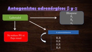 Bloquea:
β1
β2
α1

Labetalol

4 esteroisómeros

No reduce FG ni
flujo renal

R,R
S,S
S,R
R,S

 