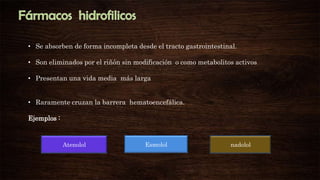 • Se absorben de forma incompleta desde el tracto gastrointestinal.
• Son eliminados por el riñón sin modificación o como metabolitos activos
• Presentan una vida media más larga
• Raramente cruzan la barrera hematoencefálica.
Ejemplos :

Atenolol

Esmolol

nadolol

 