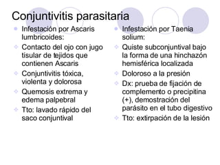 Conjuntivitis parasitaria <ul><li>Infestación por Ascaris lumbricoides: </li></ul><ul><li>Contacto del ojo con jugo tisula...