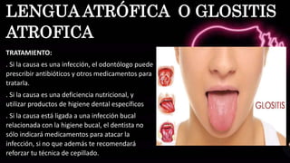 TRATAMIENTO:
. Si la causa es una infección, el odontólogo puede
prescribir antibióticos y otros medicamentos para
tratarla.
. Si la causa es una deficiencia nutricional, y
utilizar productos de higiene dental específicos
. Si la causa está ligada a una infección bucal
relacionada con la higiene bucal, el dentista no
sólo indicará medicamentos para atacar la
infección, si no que además te recomendará
reforzar tu técnica de cepillado.
LENGUA ATRÓFICA O GLOSITIS
ATROFICA
 