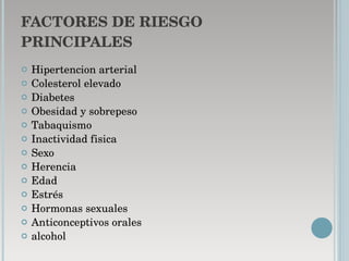 FACTORES DE RIESGO   PRINCIPALES  Hipertencion arterial Colesterol elevado Diabetes Obesidad y sobrepeso Tabaquismo  Inactividad fisica Sexo  Herencia  Edad Estrés Hormonas sexuales Anticonceptivos orales  alcohol 