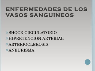 ENFERMEDADES DE LOS VASOS SANGUINEOS SHOCK CIRCULATORIO HIPERTENCION ARTERIAL ARTERIOCLEROSIS ANEURISMA 