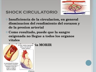 SHOCK CIRCULATORIO Insuficiencia de la circulacion, en general disminucion del rendimiento del corazon y  de la presion arterial Como resultado, puede que la sangre oxigenada no llegue a todos los organos vitales La victima podria MORIR  