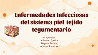 Enfermedades Infecciosas
del sistema piel tejido
tegumentario
Integrantes
Jefferson Davila
Dayana Torres
Ana sol Ricardo
 