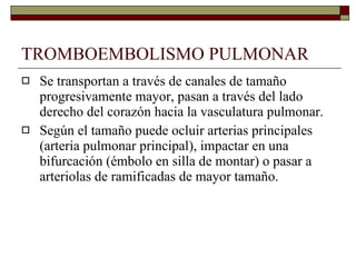 TROMBOEMBOLISMO PULMONAR Se transportan a través de canales de tamaño progresivamente mayor, pasan a través del lado derecho del corazón hacia la vasculatura pulmonar. Según el tamaño puede ocluir arterias principales (arteria pulmonar principal), impactar en una bifurcación (émbolo en silla de montar) o pasar a arteriolas de ramificadas de mayor tamaño. 