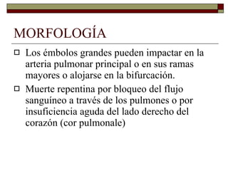MORFOLOGÍA Los émbolos grandes pueden impactar en la arteria pulmonar principal o en sus ramas mayores o alojarse en la bifurcación. Muerte repentina por bloqueo del flujo sanguíneo a través de los pulmones o por insuficiencia aguda del lado derecho del corazón (cor pulmonale) 