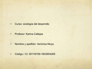 Curso: sicología del desarrollo
Profesor: Karina Callejas
Nombre y apellido: Verónica Moya
Código / CI: 00118109-1803904265
 
