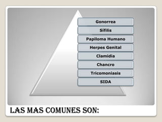 Gonorrea

                       Sífilis

                 Papiloma Humano

                  Herpes Genital

                    Clamidia

                     Chancro

                  Tricomoniasis

                       SIDA




Las mas comunes son:
 