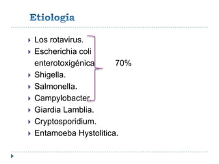 Etiología<br />Los rotavirus.<br />Escherichia coli<br />enterotoxigénica         70%<br />Shigella.<br />Salmonella.<br /...