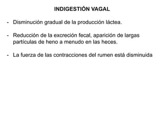 INDIGESTIÓN VAGAL
- Disminución gradual de la producción láctea.
- Reducción de la excreción fecal, aparición de largas
partículas de heno a menudo en las heces.
- La fuerza de las contracciones del rumen está disminuida
 