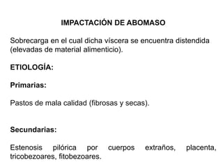 IMPACTACIÓN DE ABOMASO
Sobrecarga en el cual dicha víscera se encuentra distendida
(elevadas de material alimenticio).
ETIOLOGÍA:
Primarias:
Pastos de mala calidad (fibrosas y secas).
Secundarias:
Estenosis pilórica por cuerpos extraños, placenta,
tricobezoares, fitobezoares.
 