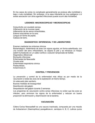 En los casos de coriza no complicado generalmente se produce alta morbilidad y
baja o nula mortalidad. Sin embargo, si la cepa infectante es muy patógena o si
existe asociación con otros agentes infecciosos puede ocurrir alta mortalidad.
LESIONES: MACROSCOPICAS Y MICROSCOPICAS
Conjuntivitis con exudado serosa.
Inflamación de la mucosa nasal.
Inflamación de los senos infraorbitales.
Edema subcutáneo en la cara.
Lengua en forma de pepita.
Cabeza de búho.
DIAGNOSTICO: DIFERENCIAL Y DE LABORATORIO
Examen mediante los síntomas clínicos
Bacteriológico: Aislamiento de aves con signos agudos, en forma esterilizada, con
una incisión del seno infraorbitario, se separa la piel y se introduce un hisopo
estéril humedecido en un caldo nutritivo o solución tamponada de fosfato
Diagnóstico diferencial:
Bronquitis infecciosa
Enfermedad de Newcastle
Viruela aviar
Enfermedad respiratoria crónica
Pasteurelosis
Avitaminosis A
CONTROL Y PREVENCION
La prevención y control de la enfermedad más eficaz es por medio de la
vacunación a todas las aves de la explotación al mismo tiempo.
Un adecuado plan sanitario.
Buenas medidas de bioseguridad
Desinfección del galpón
Despoblación del galpón durante 2 semanas
Los programas de vacunación contra coriza infecciosa no evitan que las aves se
infecten, pero aminoran los signos de la enfermedad y reducen en buena
proporción la eliminación y diseminación de la bacteria.
VACUNACIÓN
Cólera Coriza Newcastle® es una vacuna inactivada, compuesta por una mezcla
de Avibacterium (Haemophilus) paragallinarum, serotipos A, B, C, cultivos puros
 