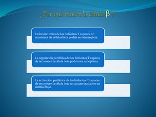 Deleción timica de los linfocitos T capaces de
reconocer las células beta podría ser incompleta.
La regulación periférica de los linfocitos T capaces
de reconocer la célula beta podría ser suboptima.
La activación periférica de los linfocitos T capaces
de reconocer la célula beta se caracterizada por un
umbral bajo.
 