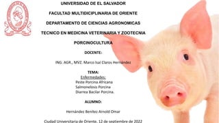 UNIVERSIDAD DE EL SALVADOR
FACULTAD MULTIDICIPLINARIA DE ORIENTE
DEPARTAMENTO DE CIENCIAS AGRONOMICAS
TECNICO EN MEDICINA VETERINARIA Y ZOOTECNIA
PORCINOCULTURA
DOCENTE:
ING. AGR., MVZ. Marco Isaí Claros Hernández
TEMA:
Enfermedades:
Peste Porcina Africana
Salmonelosis Porcina
Diarrea Bacilar Porcina.
ALUMNO:
Hernández Benítez Arnold Omar
Ciudad Universitaria de Oriente, 12 de septiembre de 2022
 