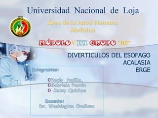 DIVERTICULOS DEL ESOFAGO
ACALASIA
ERGE
Universidad Nacional de Loja
 