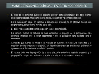 Manifestaciones clínicas: FASCITIS NECROSANTEEl inicio de los síntomas suele ser bastante agudo y está caracterizado por dolor intenso en el lugar afectado, malestar general, fiebre, escalofríos y postración general.En la exploración física, en especial al principio del proceso, no se observa ningún dato sorprendente, sólo eritema mínimo de la piel.El dolor y la sensibilidad con la palpación suelen ser intensos.En cambio, cuando la celulitis es más superficial, el aspecto de la piel parece más anómalo, mientras que el dolor espontáneo y con la palpación tiene carácter leve o moderado.A medida que avanza la infección (a menudo en cuestión de horas), la intensidad y la magnitud de los síntomas se agravan, las lesiones cutáneas se tornan más evidentes y aparecen un eritema oscuro o moteado y edema.El notable dolor con la palpación de la zona afectada evoluciona hasta la anestesia y la propagación del proceso inflamatorio produce el infarto de los nervios cutáneos.