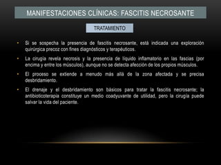 Si se sospecha la presencia de fascitisnecrosante, está indicada una exploración quirúrgica precoz con fines diagnósticos y terapéuticos.La cirugía revela necrosis y la presencia de líquido inflamatorio en las fascias (por encima y entre los músculos), aunque no se detecta afección de los propios músculos.El proceso se extiende a menudo más allá de la zona afectada y se precisa desbridamiento.El drenaje y el desbridamiento son básicos para tratar la fascitisnecrosante; la antibioticoterapia constituye un medio coadyuvante de utilidad, pero la cirugía puede salvar la vida del paciente.Manifestaciones clínicas: FASCITIS NECROSANTETRATAMIENTO