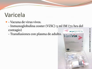 Varicela
 - Vacuna de virus vivos.
- Inmunoglobulina zoster (VZIC) 5 ml IM (72 hrs del
contagio)
- Transfusiones con plasma de adulto.
 