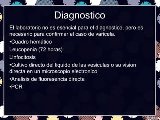 Diagnostico
El laboratorio no es esencial para el diagnostico, pero es
necesario para confirmar el caso de varicela.
•Cuadro hemático
Leucopenia (72 horas)
Linfocitosis
•Cultivo directo del liquido de las vesiculas o su vision
directa en un microscopio electronico
•Analisis de fluoresencia directa
•PCR
 