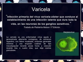 Varicela
“Infección primaria del virus varicela-zóster que conduce al
establecimiento de una infección latente que dura toda la
vida, en las neuronas de los ganglios sensitivos.”
Tratado de Pediatría-Nelson 17 Edición.
La varicela es una enfermedad vírica aguda y
generalizada altamente contagiosa, de comienzo
repentino, con fiebre moderada, síntomas generales
mínimos y una erupción cutánea de tipo
maculopapular durante pocas horas y vesicular
durante tres o cuatro días, que deja costras
granulosas.
Herpesvirus
 