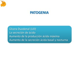 Úlcera Duodenal (UD)
La secreción de ácido
Aumento de la producción ácida máxima
Aumento de la secreción ácida basal y nocturna
PATOGENIA
 