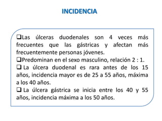 Las úlceras duodenales son 4 veces más
frecuentes que las gástricas y afectan más
frecuentemente personas jóvenes.
Predominan en el sexo masculino, relación 2 : 1.
 La úlcera duodenal es rara antes de los 15
años, incidencia mayor es de 25 a 55 años, máxima
a los 40 años.
 La úlcera gástrica se inicia entre los 40 y 55
años, incidencia máxima a los 50 años.
INCIDENCIA
 