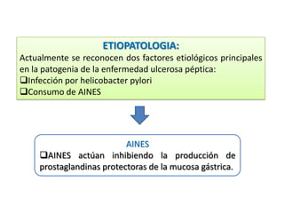 ETIOPATOLOGIA:
Actualmente se reconocen dos factores etiológicos principales
en la patogenia de la enfermedad ulcerosa péptica:
Infección por helicobacter pylori
Consumo de AINES
AINES
AINES actúan inhibiendo la producción de
prostaglandinas protectoras de la mucosa gástrica.
 