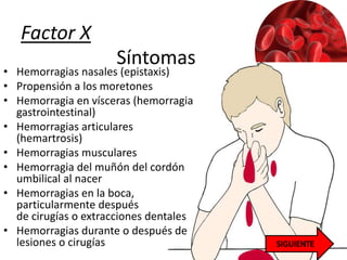 Factor X
Síntomas
• Hemorragias nasales (epistaxis)
• Propensión a los moretones
• Hemorragia en vísceras (hemorragia
gastrointestinal)
• Hemorragias articulares
(hemartrosis)
• Hemorragias musculares
• Hemorragia del muñón del cordón
umbilical al nacer
• Hemorragias en la boca,
particularmente después
de cirugías o extracciones dentales
• Hemorragias durante o después de
lesiones o cirugías
 