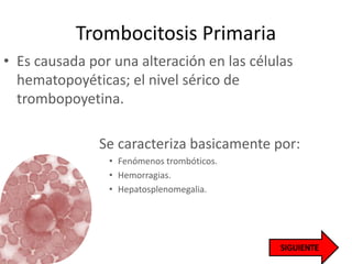 Trombocitosis Primaria
• Es causada por una alteración en las células
hematopoyéticas; el nivel sérico de
trombopoyetina.
Se caracteriza basicamente por:
• Fenómenos trombóticos.
• Hemorragias.
• Hepatosplenomegalia.
 